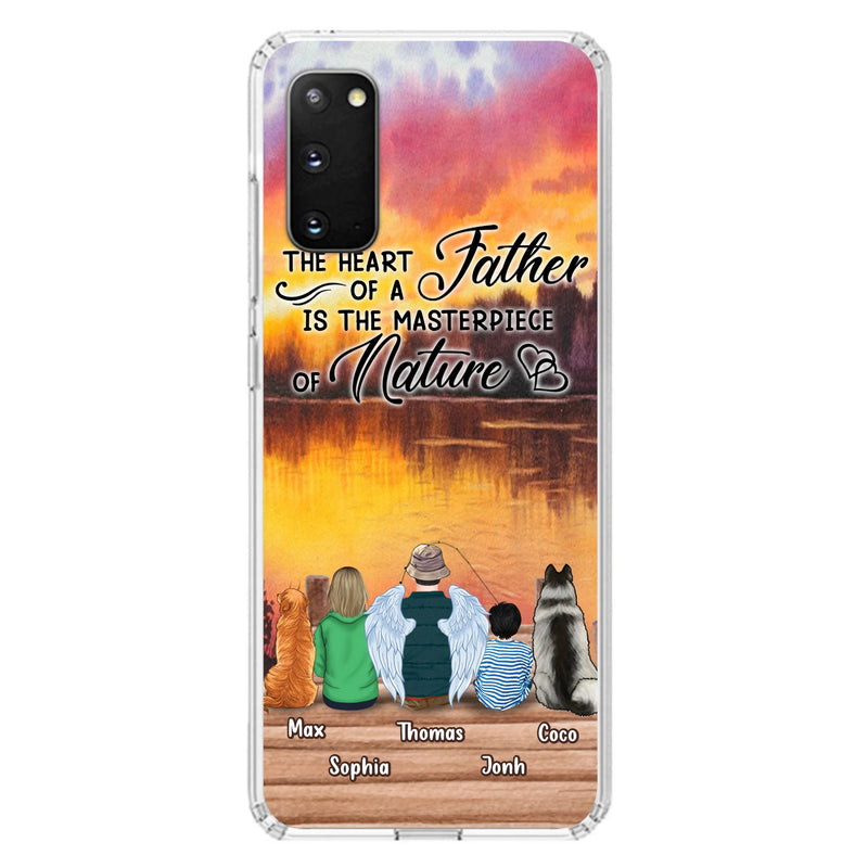 Custom Personalized Father Fishing Phone Case - Father With Up to 2 Kids And 2 Pets - Gift Idea For Father/ Fishing Lover - The Heart Of A Father Is The Masterpiece Of Nature - Case For iPhone And Samsung