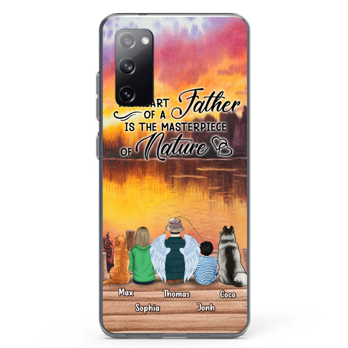 Custom Personalized Father Fishing Phone Case - Father With Up to 2 Kids And 2 Pets - Gift Idea For Father/ Fishing Lover - The Heart Of A Father Is The Masterpiece Of Nature - Case For iPhone And Samsung