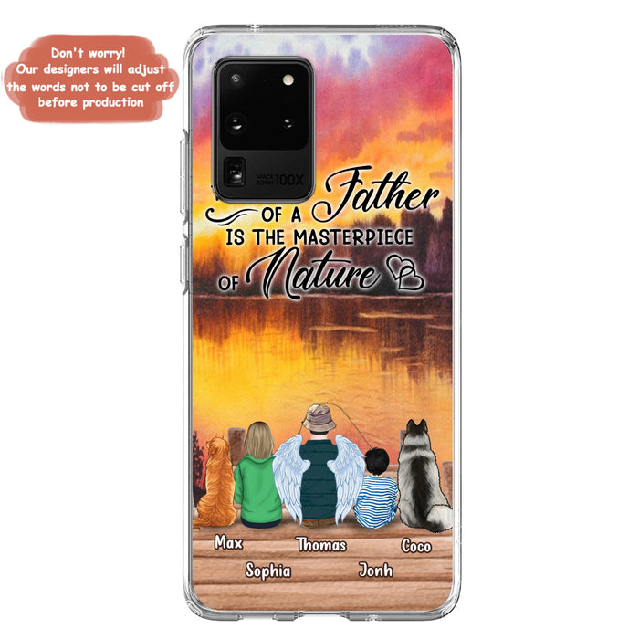 Custom Personalized Father Fishing Phone Case - Father With Up to 2 Kids And 2 Pets - Gift Idea For Father/ Fishing Lover - The Heart Of A Father Is The Masterpiece Of Nature - Case For iPhone And Samsung