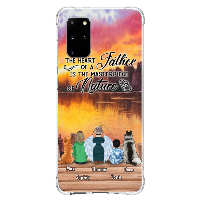 Custom Personalized Father Fishing Phone Case - Father With Up to 2 Kids And 2 Pets - Gift Idea For Father/ Fishing Lover - The Heart Of A Father Is The Masterpiece Of Nature - Case For iPhone And Samsung