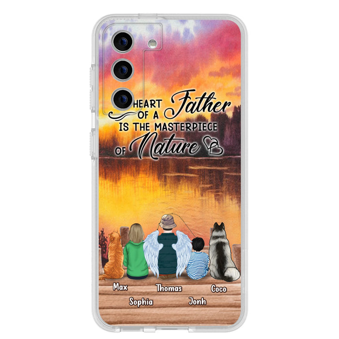 Custom Personalized Father Fishing Phone Case - Father With Up to 2 Kids And 2 Pets - Gift Idea For Father/ Fishing Lover - The Heart Of A Father Is The Masterpiece Of Nature - Case For iPhone And Samsung