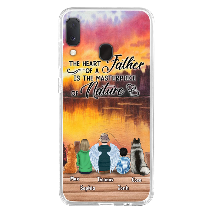 Custom Personalized Father Fishing Phone Case - Father With Up to 2 Kids And 2 Pets - Gift Idea For Father/ Fishing Lover - The Heart Of A Father Is The Masterpiece Of Nature - Case For iPhone And Samsung