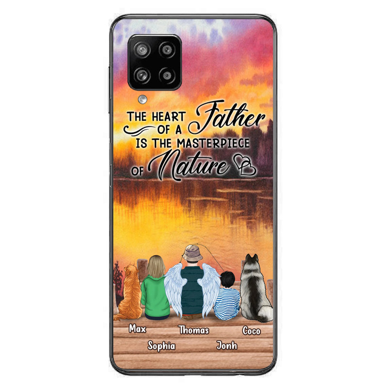 Custom Personalized Father Fishing Phone Case - Father With Up to 2 Kids And 2 Pets - Gift Idea For Father/ Fishing Lover - The Heart Of A Father Is The Masterpiece Of Nature - Case For iPhone And Samsung