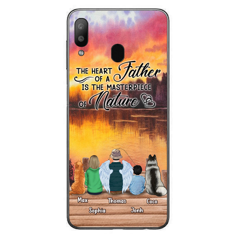 Custom Personalized Father Fishing Phone Case - Father With Up to 2 Kids And 2 Pets - Gift Idea For Father/ Fishing Lover - The Heart Of A Father Is The Masterpiece Of Nature - Case For iPhone And Samsung