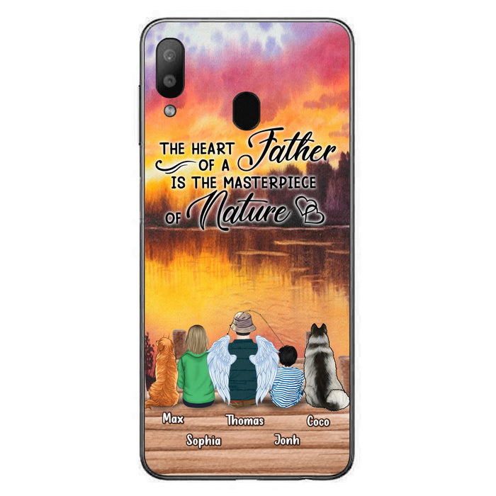 Custom Personalized Father Fishing Phone Case - Father With Up to 2 Kids And 2 Pets - Gift Idea For Father/ Fishing Lover - The Heart Of A Father Is The Masterpiece Of Nature - Case For iPhone And Samsung