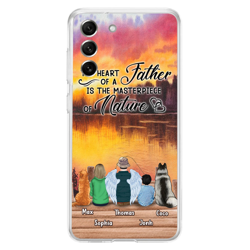Custom Personalized Father Fishing Phone Case - Father With Up to 2 Kids And 2 Pets - Gift Idea For Father/ Fishing Lover - The Heart Of A Father Is The Masterpiece Of Nature - Case For iPhone And Samsung