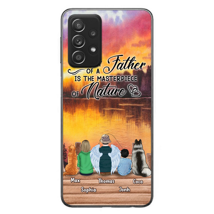 Custom Personalized Father Fishing Phone Case - Father With Up to 2 Kids And 2 Pets - Gift Idea For Father/ Fishing Lover - The Heart Of A Father Is The Masterpiece Of Nature - Case For iPhone And Samsung