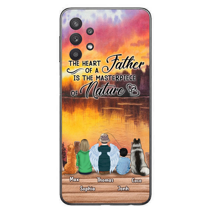 Custom Personalized Father Fishing Phone Case - Father With Up to 2 Kids And 2 Pets - Gift Idea For Father/ Fishing Lover - The Heart Of A Father Is The Masterpiece Of Nature - Case For iPhone And Samsung
