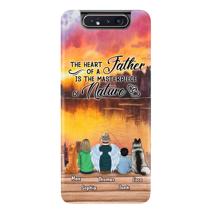 Custom Personalized Father Fishing Phone Case - Father With Up to 2 Kids And 2 Pets - Gift Idea For Father/ Fishing Lover - The Heart Of A Father Is The Masterpiece Of Nature - Case For iPhone And Samsung