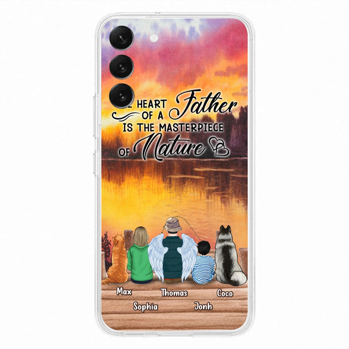 Custom Personalized Father Fishing Phone Case - Father With Up to 2 Kids And 2 Pets - Gift Idea For Father/ Fishing Lover - The Heart Of A Father Is The Masterpiece Of Nature - Case For iPhone And Samsung