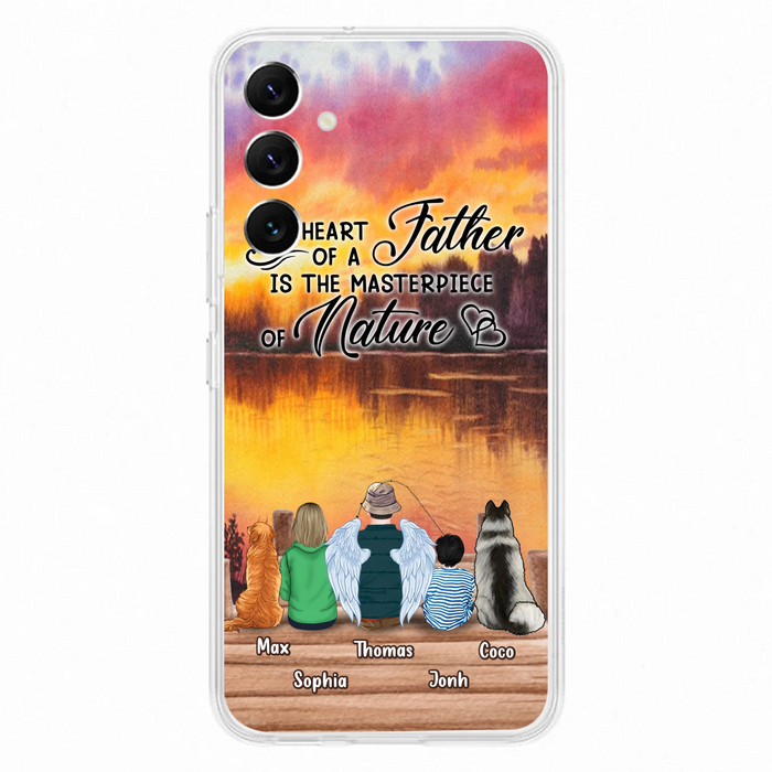 Custom Personalized Father Fishing Phone Case - Father With Up to 2 Kids And 2 Pets - Gift Idea For Father/ Fishing Lover - The Heart Of A Father Is The Masterpiece Of Nature - Case For iPhone And Samsung