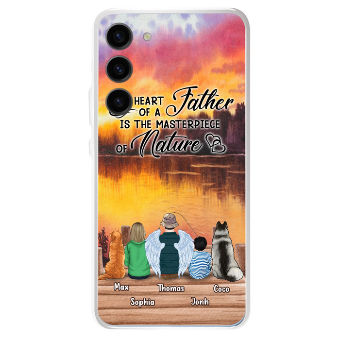 Custom Personalized Father Fishing Phone Case - Father With Up to 2 Kids And 2 Pets - Gift Idea For Father/ Fishing Lover - The Heart Of A Father Is The Masterpiece Of Nature - Case For iPhone And Samsung