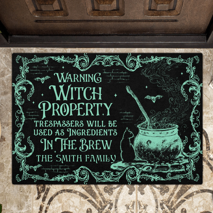 Personalized Witch Doormat - Halloween Gift Idea For Family - Warning Witch Property Trespassers Will Be Used As Ingredients In The Brew