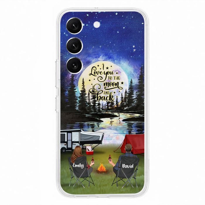 Custom Personalized Camping Moon Phone Case - Couple/ Parents With Upto 3 Kids And 4 Pets - Gift Idea For Camping Lover - I Love You To The Moon And Back - Case For iPhone And Samsung