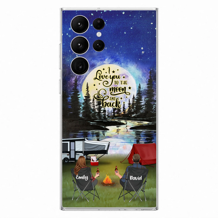 Custom Personalized Camping Moon Phone Case - Couple/ Parents With Upto 3 Kids And 4 Pets - Gift Idea For Camping Lover - I Love You To The Moon And Back - Case For iPhone And Samsung
