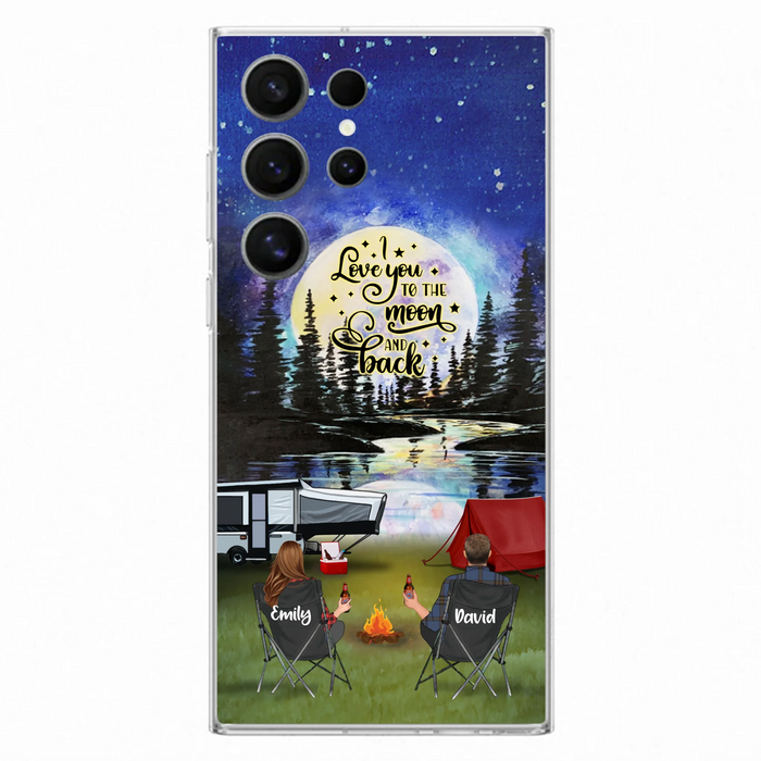 Custom Personalized Camping Moon Phone Case - Couple/ Parents With Upto 3 Kids And 4 Pets - Gift Idea For Camping Lover - I Love You To The Moon And Back - Case For iPhone And Samsung