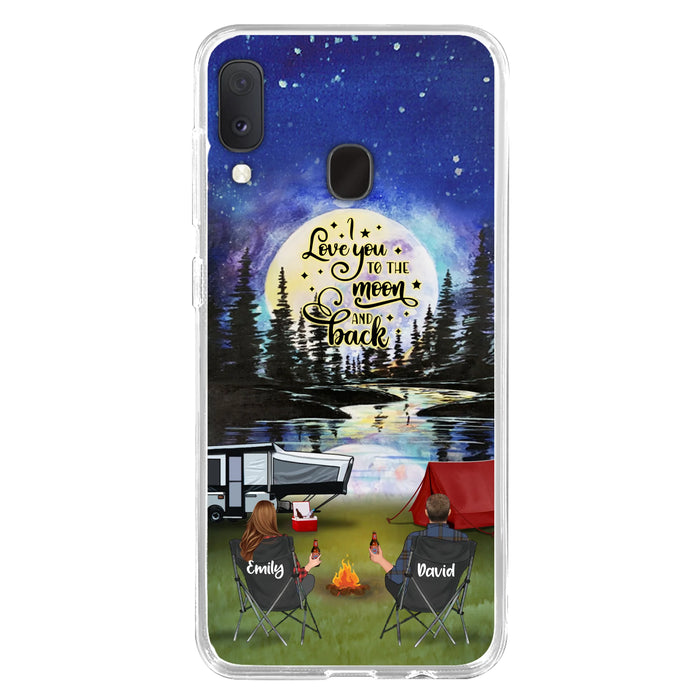 Custom Personalized Camping Moon Phone Case - Couple/ Parents With Upto 3 Kids And 4 Pets - Gift Idea For Camping Lover - I Love You To The Moon And Back - Case For iPhone And Samsung
