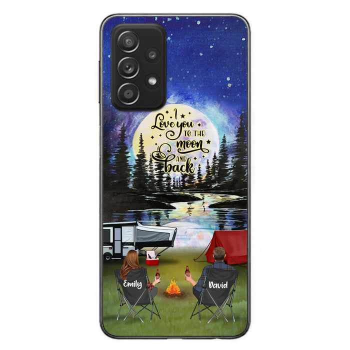 Custom Personalized Camping Moon Phone Case - Couple/ Parents With Upto 3 Kids And 4 Pets - Gift Idea For Camping Lover - I Love You To The Moon And Back - Case For iPhone And Samsung