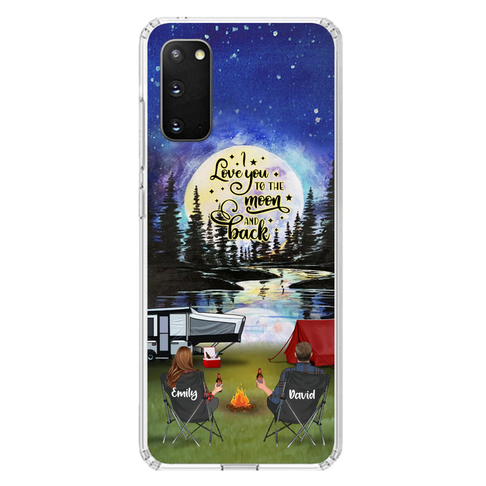 Custom Personalized Camping Moon Phone Case - Couple/ Parents With Upto 3 Kids And 4 Pets - Gift Idea For Camping Lover - I Love You To The Moon And Back - Case For iPhone And Samsung