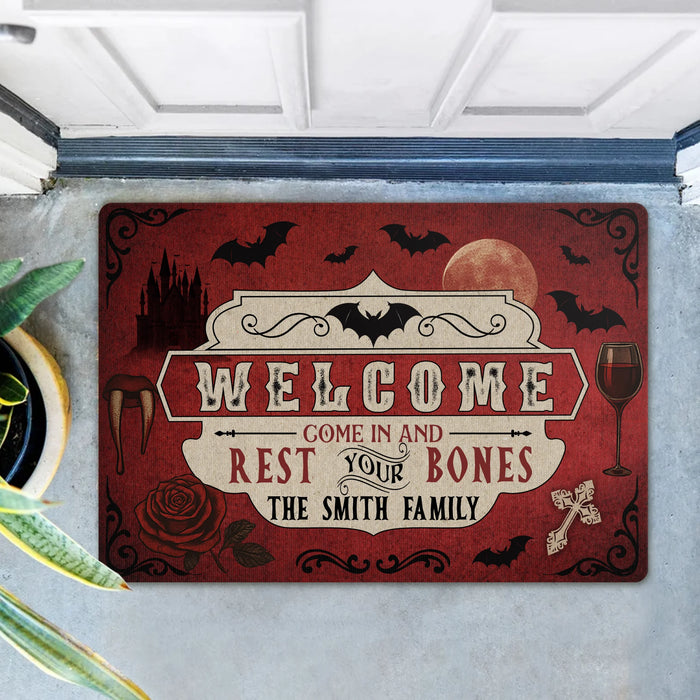 Personalized Horror Doormat - Halloween Gift Idea For Family - Welcome Come In And Rest Your Bones