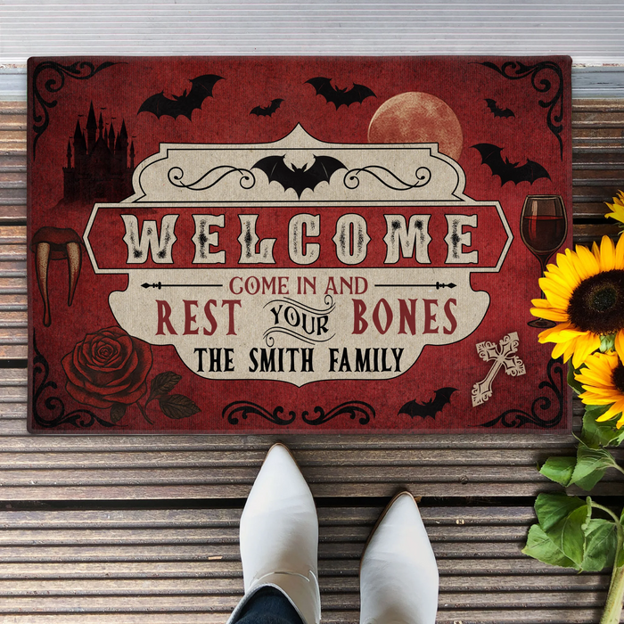 Personalized Horror Doormat - Halloween Gift Idea For Family - Welcome Come In And Rest Your Bones