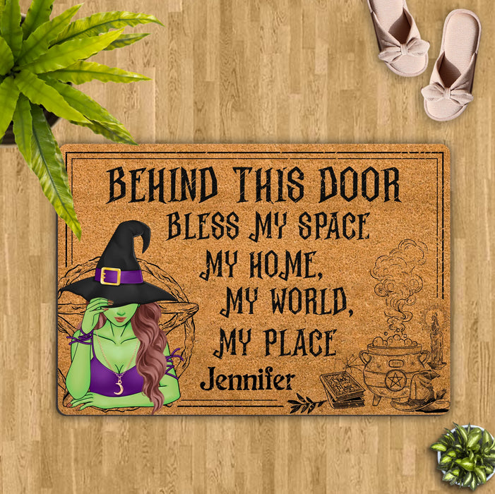 Personalized Witch Doormat - Halloween Gift Idea For Witch Lover - Behind This Door Bless My Space My Home My World My Place