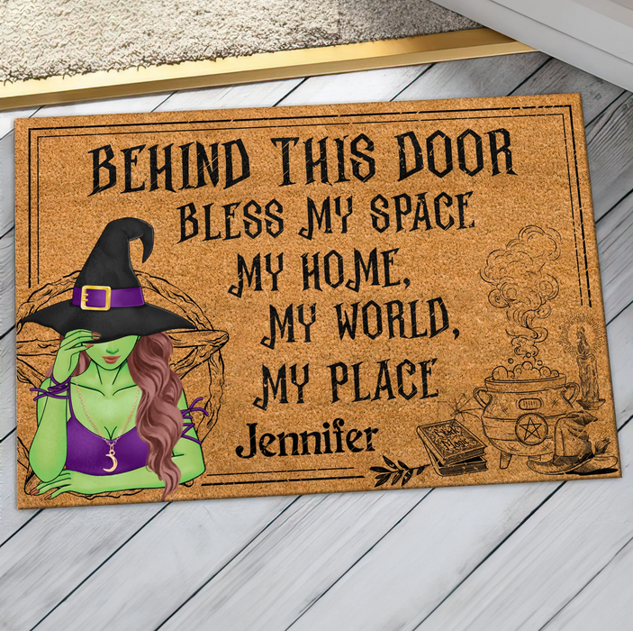 Personalized Witch Doormat - Halloween Gift Idea For Witch Lover - Behind This Door Bless My Space My Home My World My Place