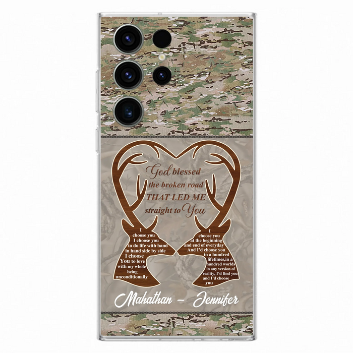 Custom Personalized Deer Hunting Heart Phone Case - Gift Idea For Couple - God Blessed The Broken Road That Led Me Straight To You - Case For iPhone And Samsung