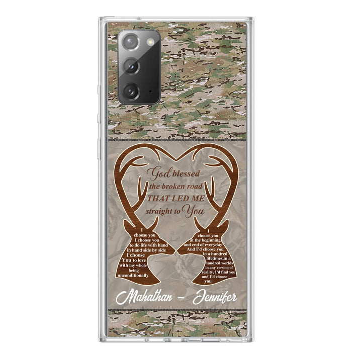 Custom Personalized Deer Hunting Heart Phone Case - Gift Idea For Couple - God Blessed The Broken Road That Led Me Straight To You - Case For iPhone And Samsung