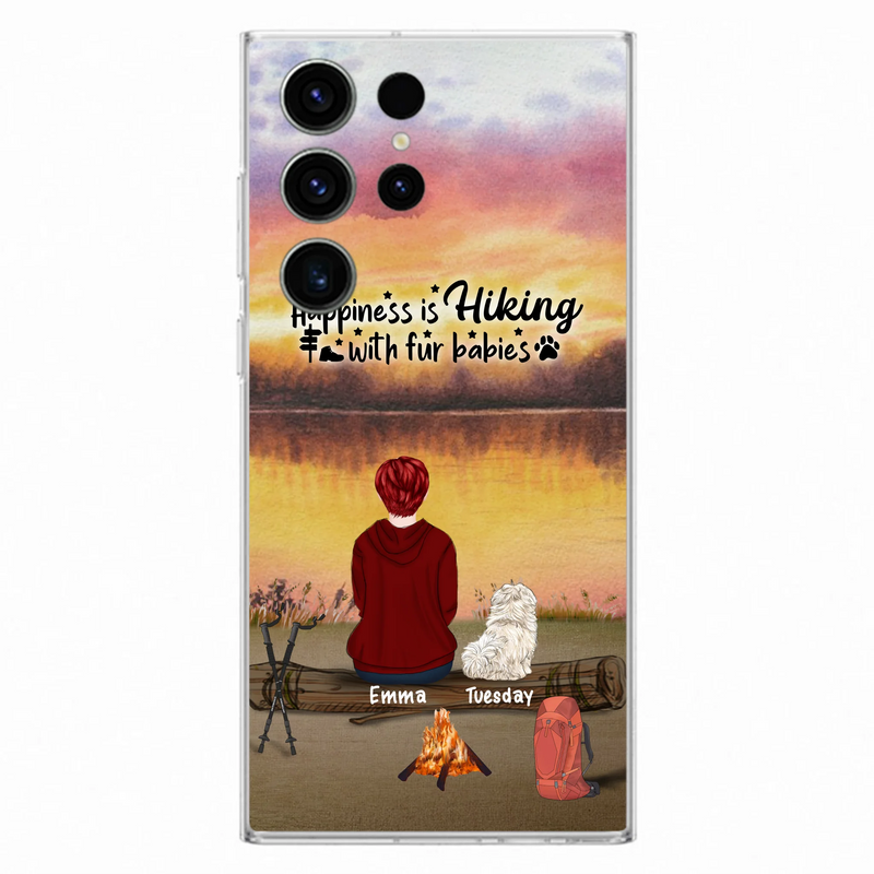 Custom Personalized Hiking Phone Case - Man/ Woman/ Couple With Upto 4 Pets - Gift For Cat/ Dog Lover - Happiness Is Hiking With Fur Babies - Case For iPhone And Samsung