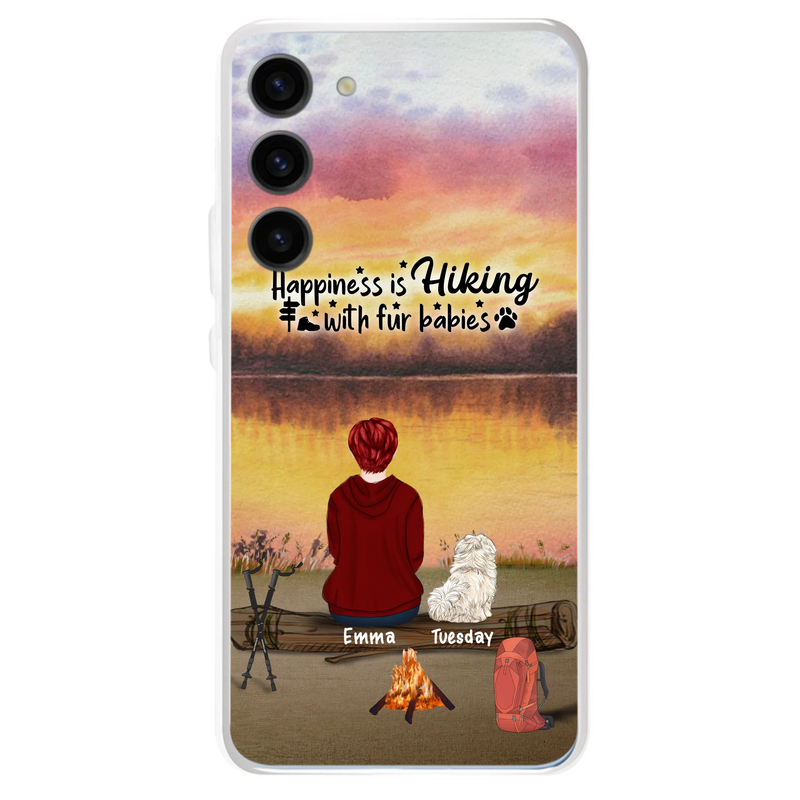 Custom Personalized Hiking Phone Case - Man/ Woman/ Couple With Upto 4 Pets - Gift For Cat/ Dog Lover - Happiness Is Hiking With Fur Babies - Case For iPhone And Samsung