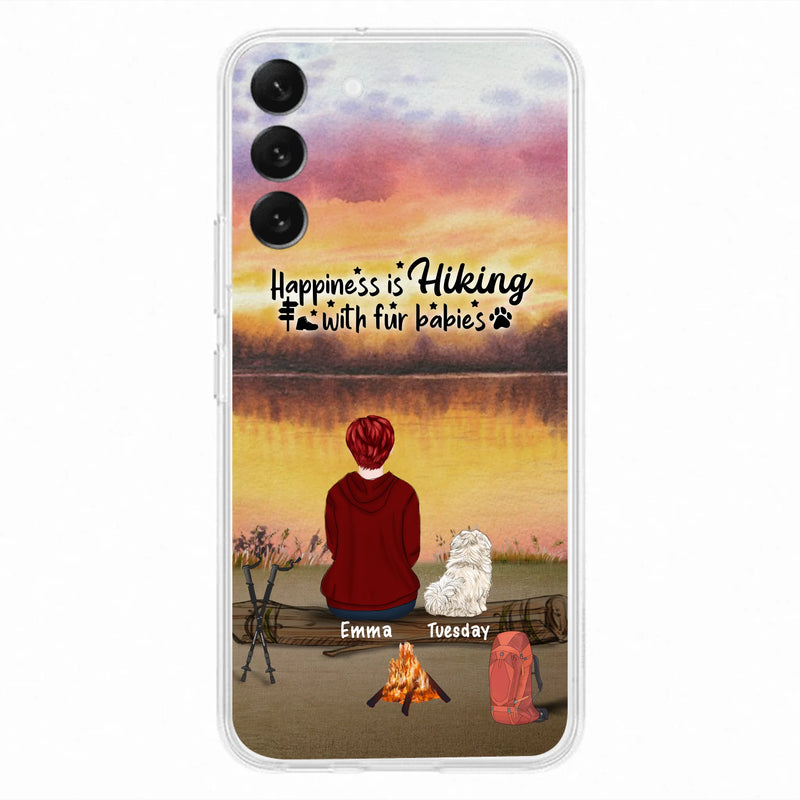 Custom Personalized Hiking Phone Case - Man/ Woman/ Couple With Upto 4 Pets - Gift For Cat/ Dog Lover - Happiness Is Hiking With Fur Babies - Case For iPhone And Samsung