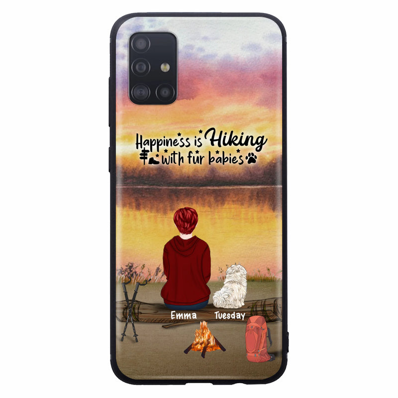 Custom Personalized Hiking Phone Case - Man/ Woman/ Couple With Upto 4 Pets - Gift For Cat/ Dog Lover - Happiness Is Hiking With Fur Babies - Case For iPhone And Samsung