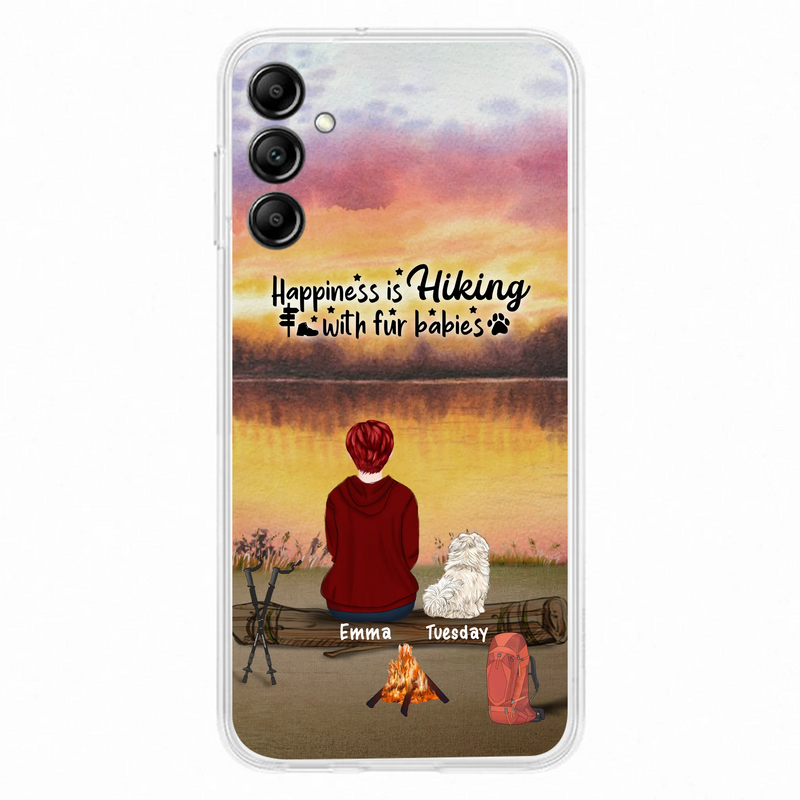 Custom Personalized Hiking Phone Case - Man/ Woman/ Couple With Upto 4 Pets - Gift For Cat/ Dog Lover - Happiness Is Hiking With Fur Babies - Case For iPhone And Samsung