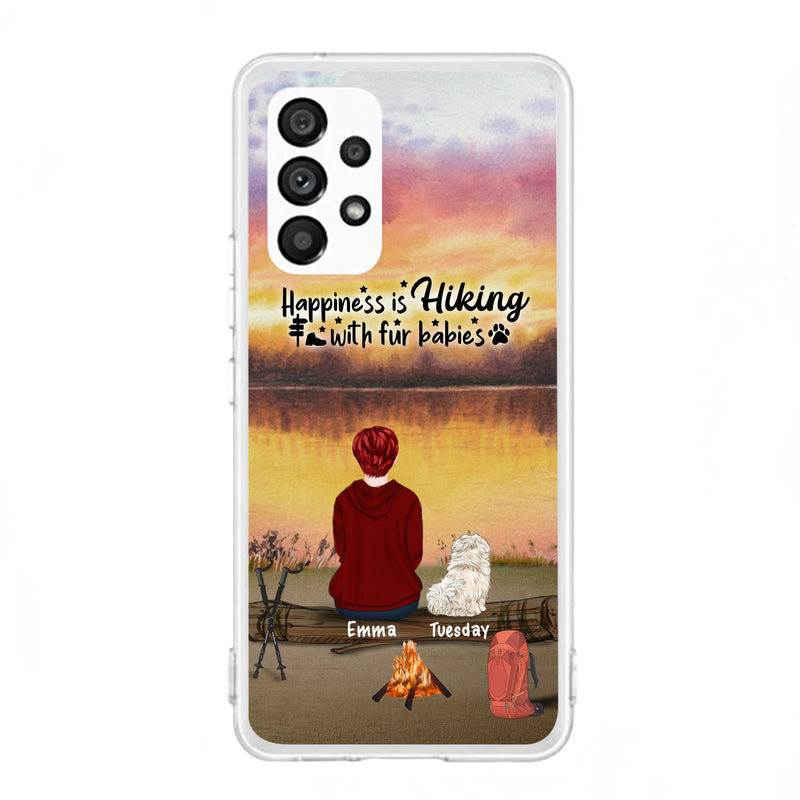 Custom Personalized Hiking Phone Case - Man/ Woman/ Couple With Upto 4 Pets - Gift For Cat/ Dog Lover - Happiness Is Hiking With Fur Babies - Case For iPhone And Samsung