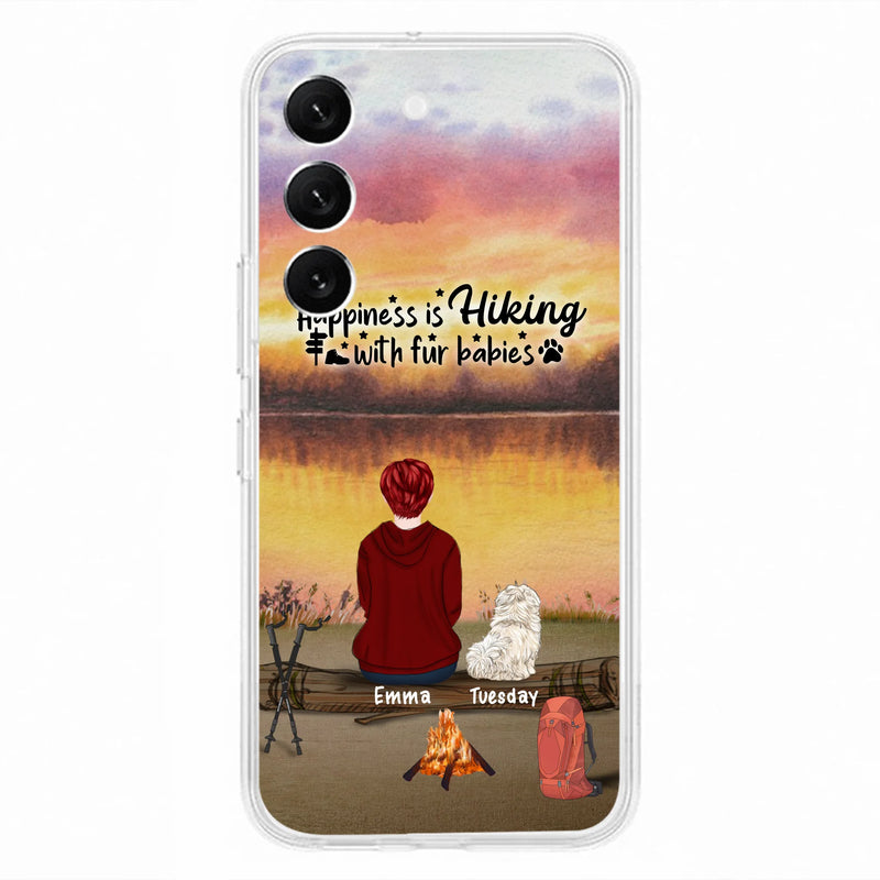 Custom Personalized Hiking Phone Case - Man/ Woman/ Couple With Upto 4 Pets - Gift For Cat/ Dog Lover - Happiness Is Hiking With Fur Babies - Case For iPhone And Samsung