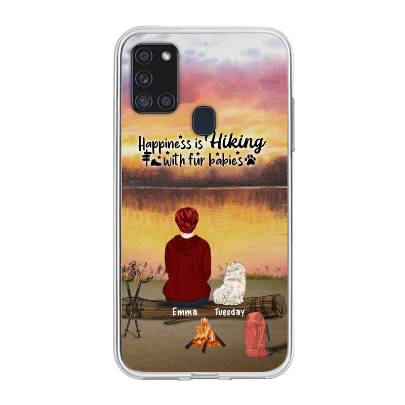 Custom Personalized Hiking Phone Case - Man/ Woman/ Couple With Upto 4 Pets - Gift For Cat/ Dog Lover - Happiness Is Hiking With Fur Babies - Case For iPhone And Samsung