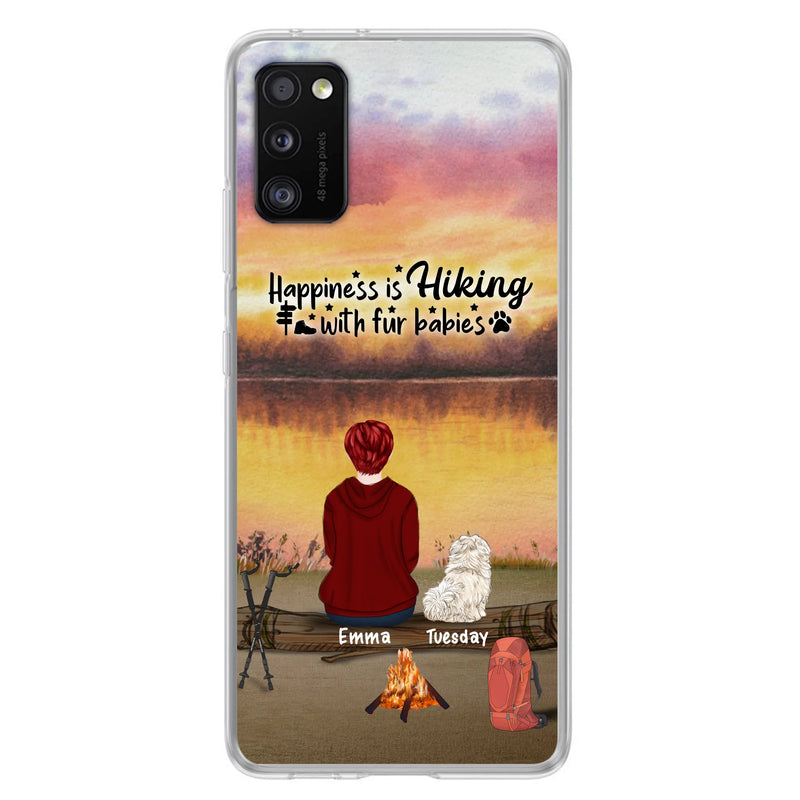 Custom Personalized Hiking Phone Case - Man/ Woman/ Couple With Upto 4 Pets - Gift For Cat/ Dog Lover - Happiness Is Hiking With Fur Babies - Case For iPhone And Samsung