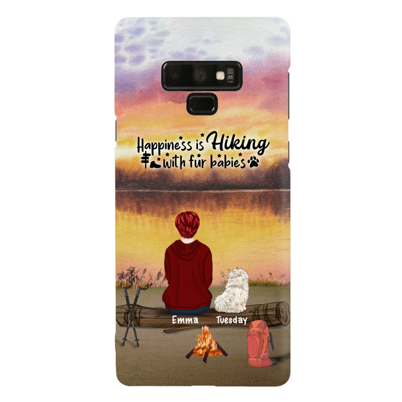 Custom Personalized Hiking Phone Case - Man/ Woman/ Couple With Upto 4 Pets - Gift For Cat/ Dog Lover - Happiness Is Hiking With Fur Babies - Case For iPhone And Samsung