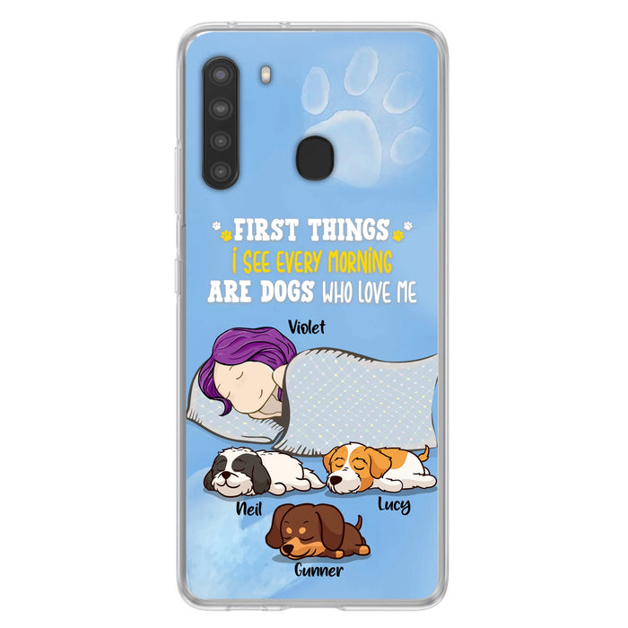 Custom Personalized Dog Mom Sleep Phone Case - Upto 3 Dogs - First Things I See Every Morning Are Dogs Who Love Me