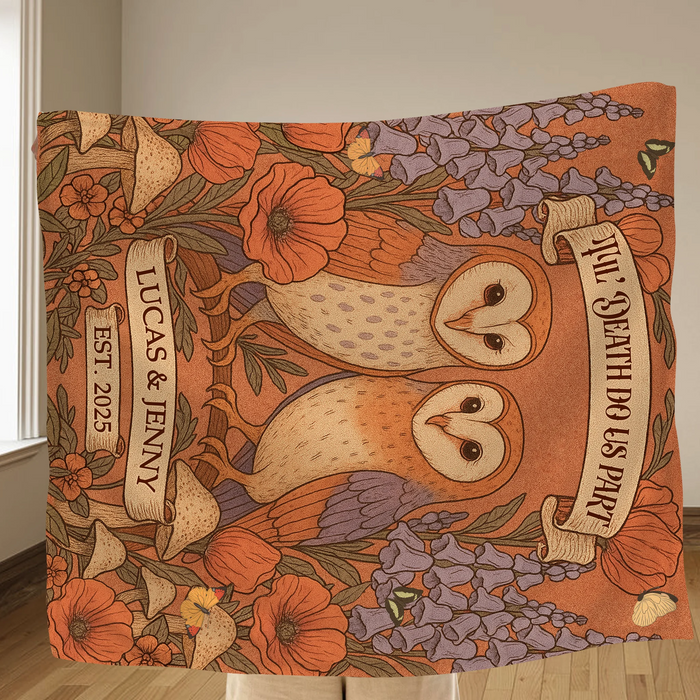 Personalized Owl Couple Cottage Quilt/Fleece Throw Blanket - Gift Idea For Couple - Til' Death Do Us Part