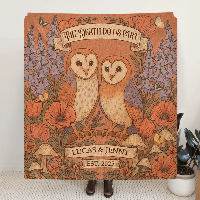 Personalized Owl Couple Cottage Quilt/Fleece Throw Blanket - Gift Idea For Couple - Til' Death Do Us Part