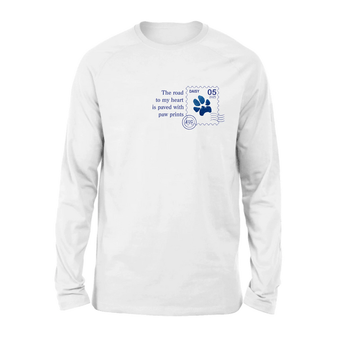 Personalized Memorial Pet Stamp Sticker Design T-shirt/Long Sleeve/Sweatshirt/Hoodie - Memorial Gift Idea For Dog Lover - The Road To My Heart Is Paved With Paw Prints