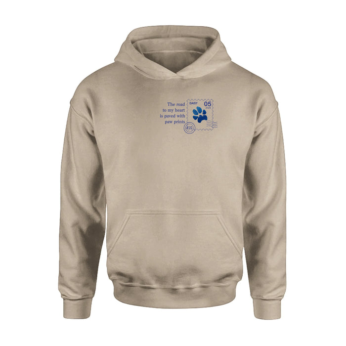 Personalized Memorial Pet Stamp Sticker Design T-shirt/Long Sleeve/Sweatshirt/Hoodie - Memorial Gift Idea For Dog Lover - The Road To My Heart Is Paved With Paw Prints