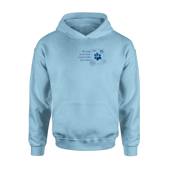 Personalized Memorial Pet Stamp Sticker Design T-shirt/Long Sleeve/Sweatshirt/Hoodie - Memorial Gift Idea For Dog Lover - The Road To My Heart Is Paved With Paw Prints