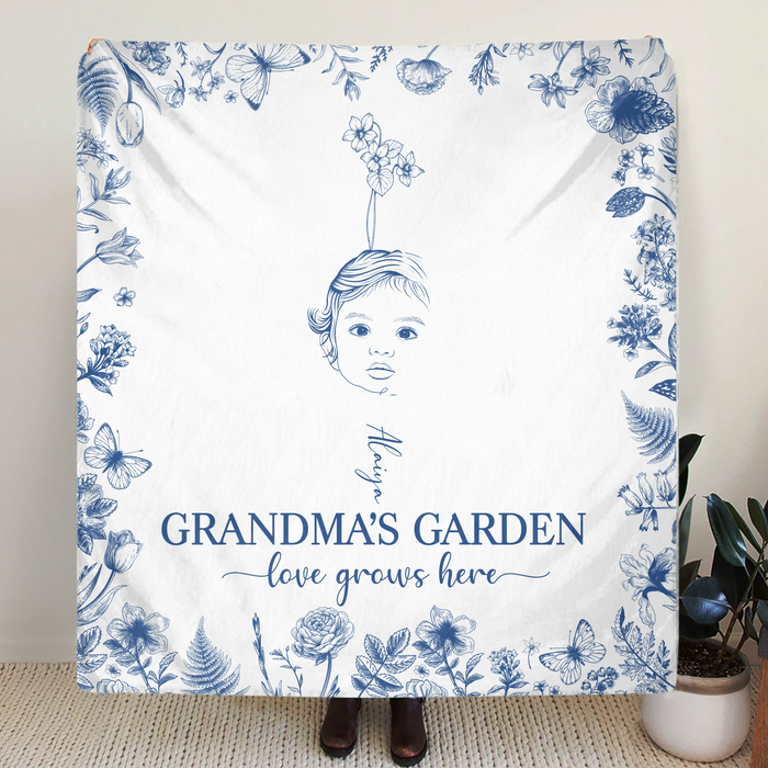 Personalized Grandma's Garden Quilt/Fleece Throw Blanket/Pillow Cover - Custom Side Profile Birthmonth Flower - Up to 6 Kids - Love Grows Here