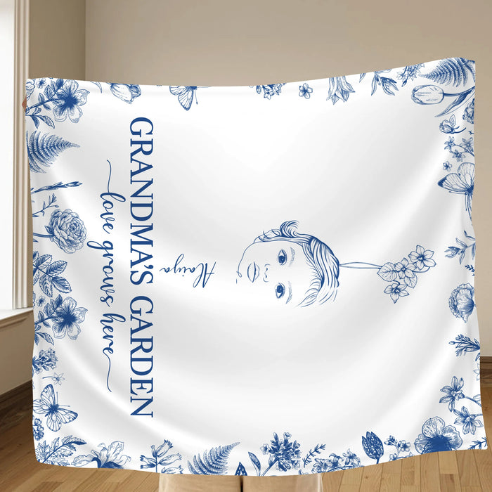 Personalized Grandma's Garden Quilt/Fleece Throw Blanket/Pillow Cover - Custom Side Profile Birthmonth Flower - Up to 6 Kids - Love Grows Here