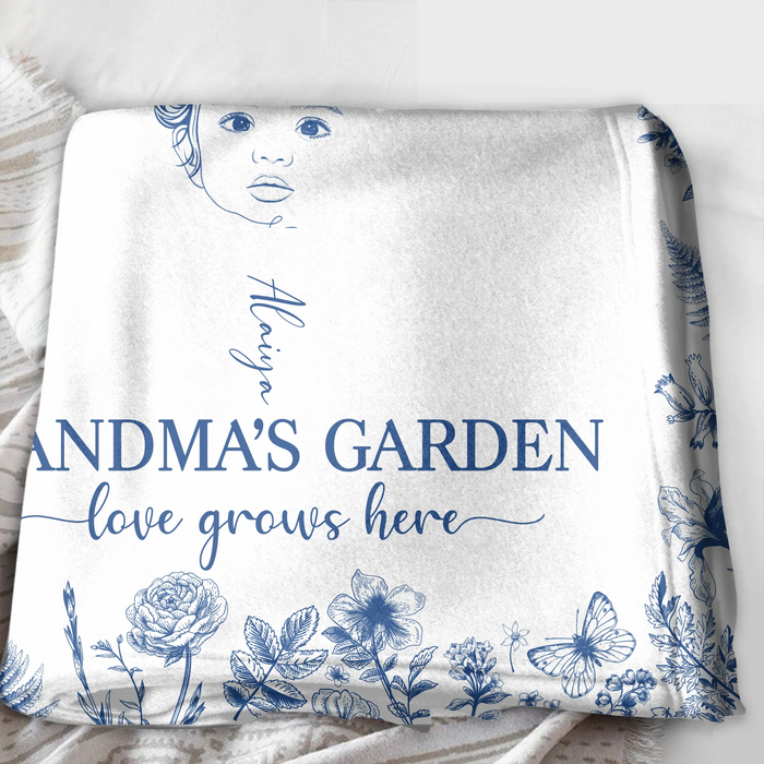 Personalized Grandma's Garden Quilt/Fleece Throw Blanket/Pillow Cover - Custom Side Profile Birthmonth Flower - Up to 6 Kids - Love Grows Here