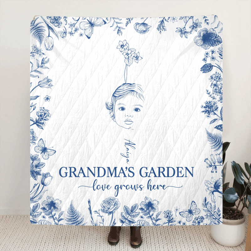 Personalized Grandma's Garden Quilt/Fleece Throw Blanket/Pillow Cover - Custom Side Profile Birthmonth Flower - Up to 6 Kids - Love Grows Here