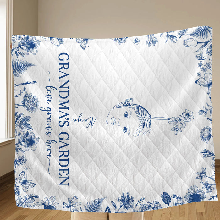 Personalized Grandma's Garden Quilt/Fleece Throw Blanket/Pillow Cover - Custom Side Profile Birthmonth Flower - Up to 6 Kids - Love Grows Here